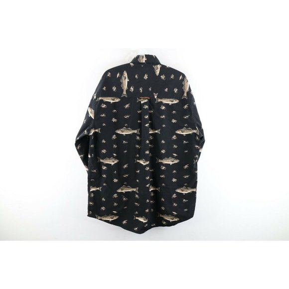 Vintage 90s Chaps Ralph Lauren Mens Large Fish All Over Print Button Shirt Black - Picture 7 of 9